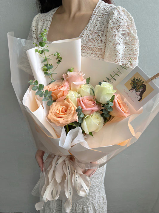 "Rosy"  Pastel Peach & White Fresh Rose Bouquet