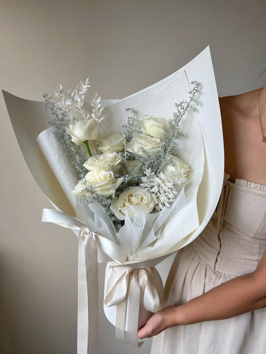 “Frosted Elegance” White Rose Bouquet