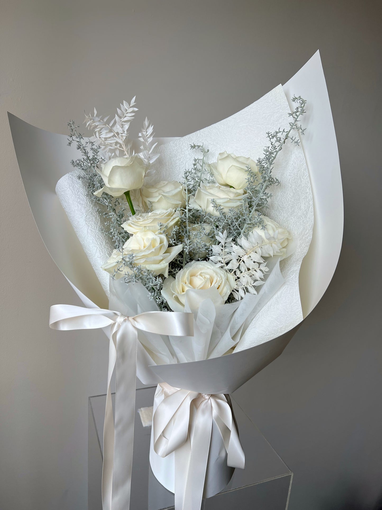 “Frosted Elegance” White Rose Bouquet