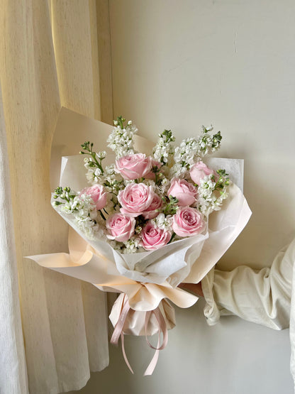 "Rosy Snowfall" Fresh Rose & Matthiola Bouquet