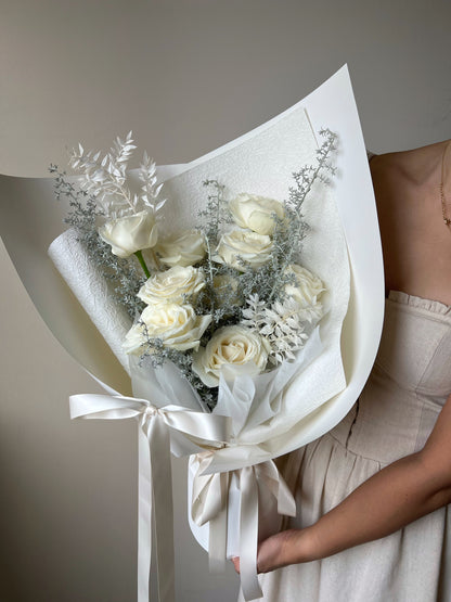 “Frosted Elegance” White Rose Bouquet