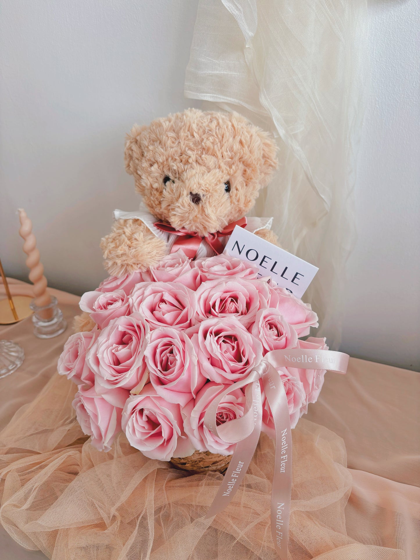 "Rosy Bear Embrace" Teddy Bear Rose Bloom Basket