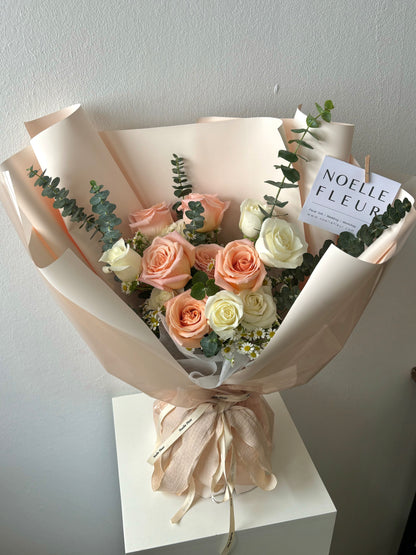 "Rosy"  Pastel Peach & White Fresh Rose Bouquet