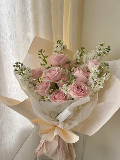 "Rosy Snowfall" Fresh Rose & Matthiola Bouquet