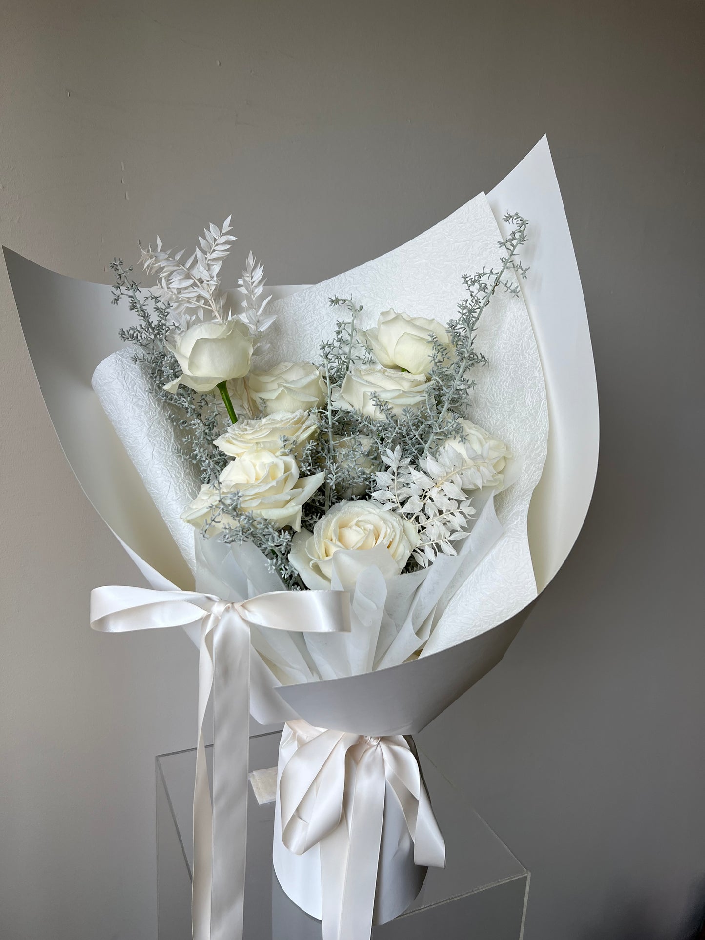 “Frosted Elegance” White Rose Bouquet