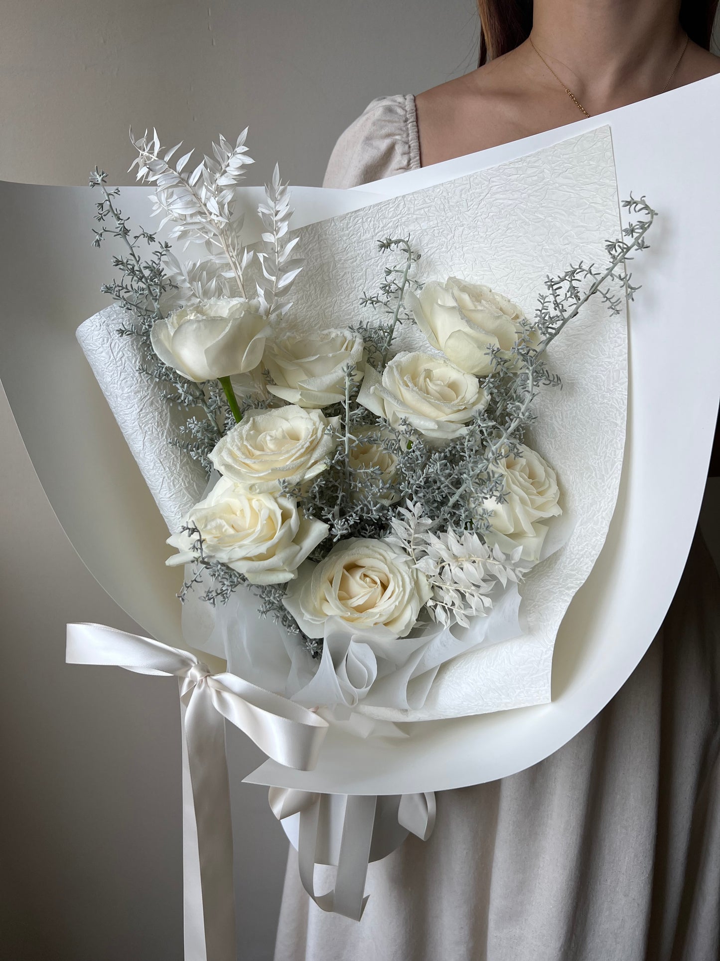 “Frosted Elegance” White Rose Bouquet