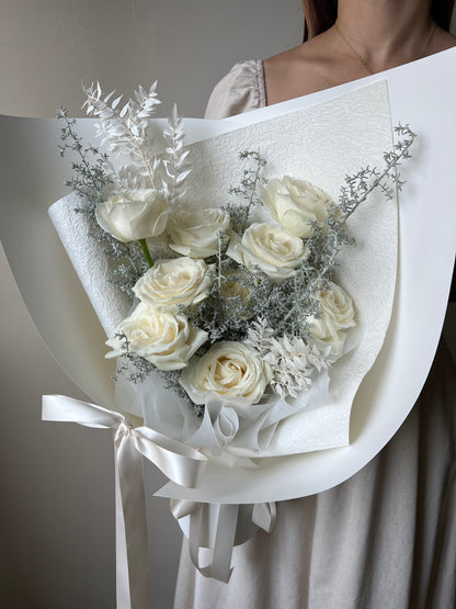 “Frosted Elegance” White Rose Bouquet