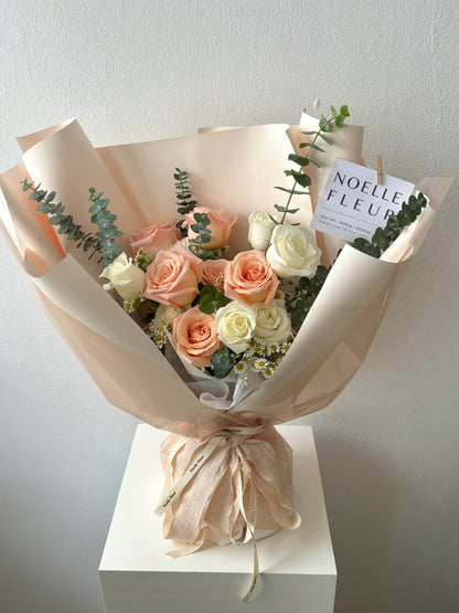 "Rosy"  Pastel Peach & White Fresh Rose Bouquet