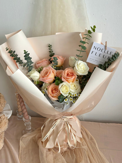 "Rosy"  Pastel Peach & White Fresh Rose Bouquet
