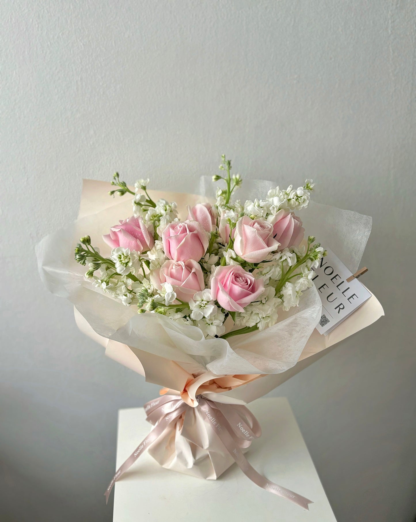 "Rosy Snowfall" Fresh Rose & Matthiola Bouquet