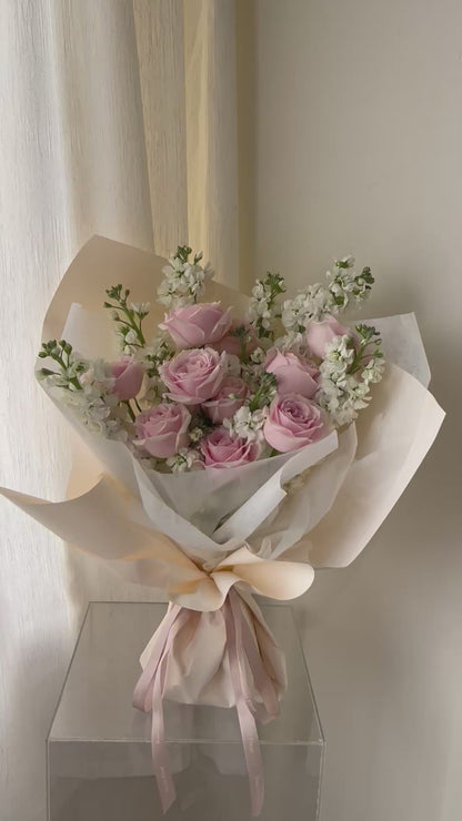 "Rosy Snowfall" Fresh Rose & Matthiola Bouquet