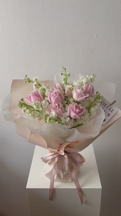 "Rosy Snowfall" Fresh Rose & Matthiola Bouquet