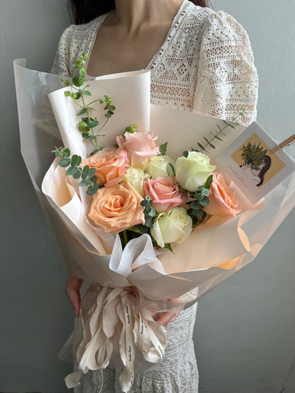 "Rosy"  Pastel Peach & White Fresh Rose Bouquet