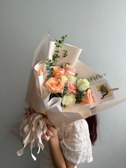 "Rosy"  Pastel Peach & White Fresh Rose Bouquet
